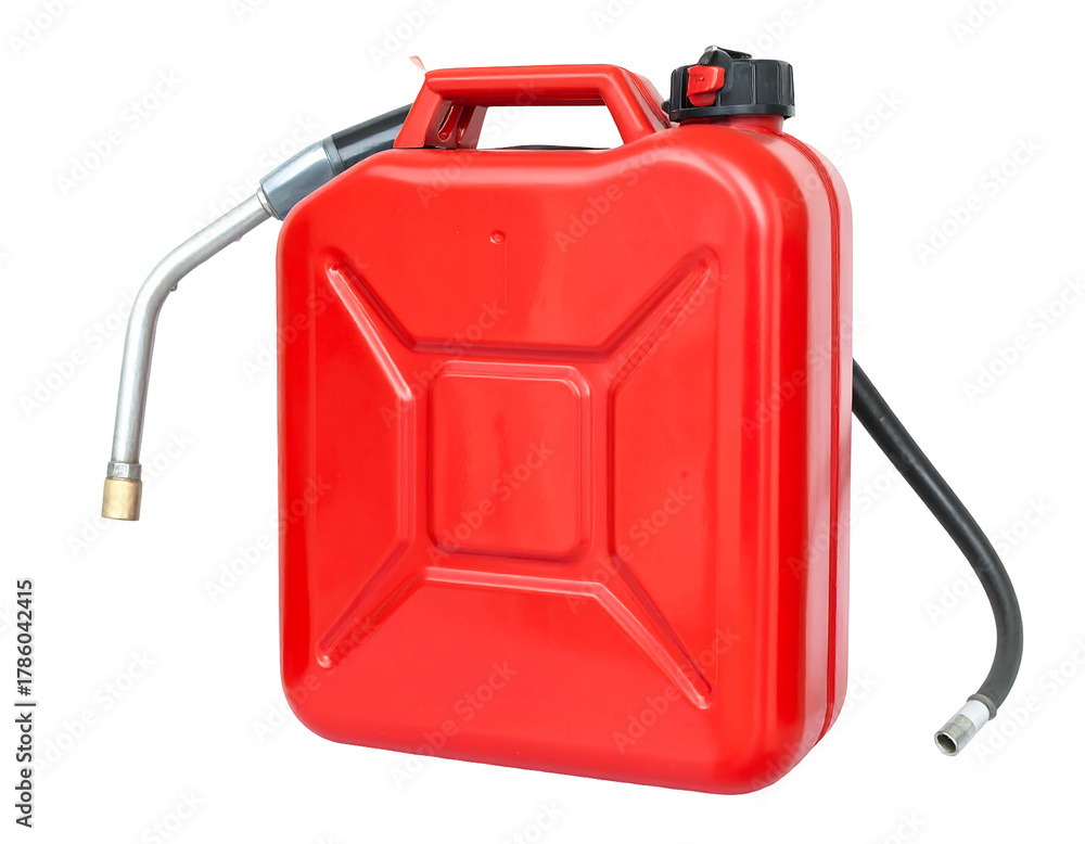Naklejka premium A red, rectangular fuel container with a handle and a nozzle, set against a transparent black backdrop. The gas can is shiny
