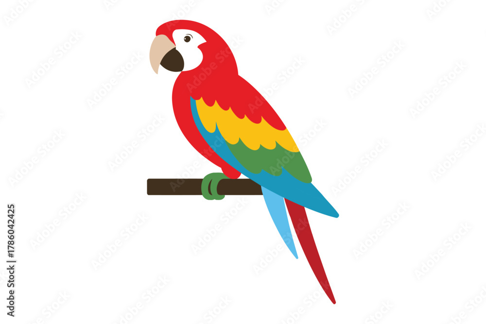 Fototapeta premium A brightly colored macaw parrot is perched on a branch, its feathers displaying vibrant reds, yellows, blues, and greens against a white background.