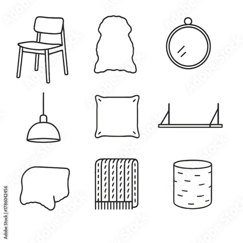 Scandinavian Design Icons. Line style icons of Scandinavian Design: light wood chair, sheepskin throw, white vase, round mirror,