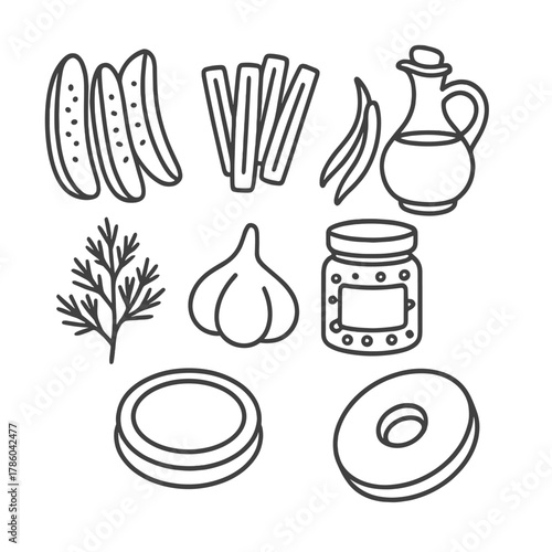 Pickled Vegetables Icons. Line style icons of Pickled Vegetables Assortment: cucumber spears, carrot sticks, green bean pods,