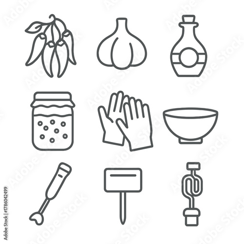 Fermented Sauce Icons. Line style icons of Fermented Hot Sauce Collection: chili pepper bunch, garlic head, vinegar bottle,