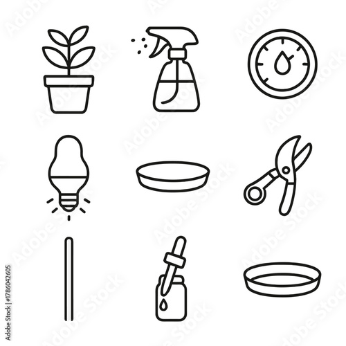Indoor Plant Icons. Line style icons of Indoor Plant Care: potted plant, mist spray bottle, humidity gauge, grow-light bulb,