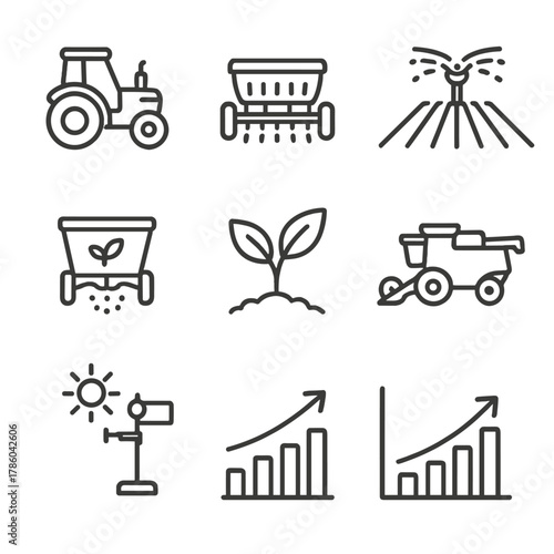Agricultural Growth Icons. Line style icons of Agricultural Growth: tractor plow, seed drill, field rows, irrigation sprinkler,