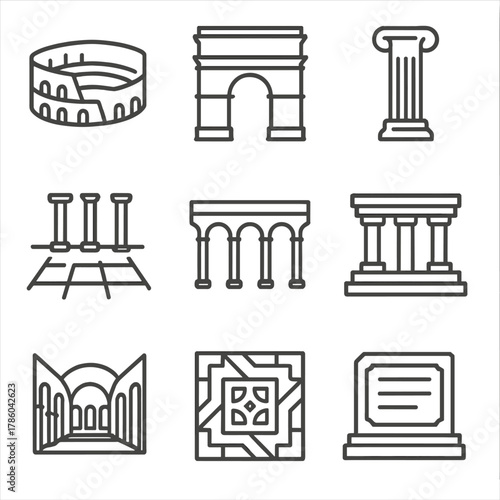 Roman Ruins Icons. Line style icons of Roman Ruins: amphitheater tier, triumphal arch, column fragment, forum plaza, aqueduct arch