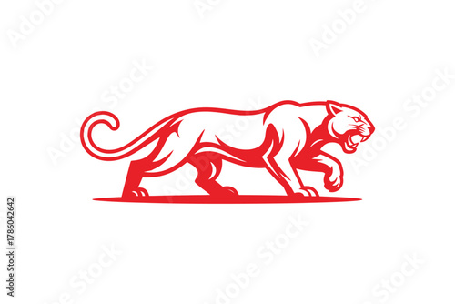 A stylized red panther illustration walks with its mouth open, showcasing its fierce nature and powerful form against a white background.