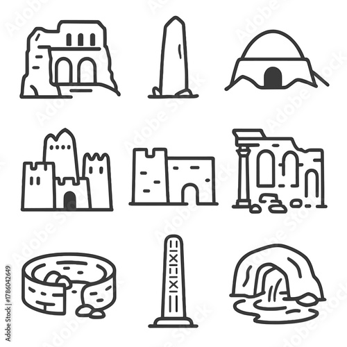 African Heritage Icons. Line style icons of African Heritage Sites: rock-hewn ruin, stone monolith, ancient tomb, desert fortress,