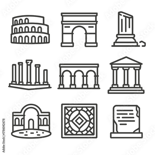 Roman Ruins Icons. Line style icons of Roman Ruins: amphitheater tier, triumphal arch, column fragment, forum plaza, aqueduct arch