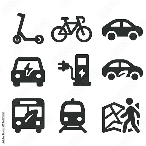 Eco Transport Icons. Solid style icons of eco transport: electric scooter, bicycle, electric car, hybrid vehicle, charging station