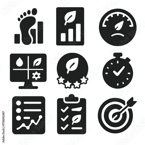 Sustainability Tracking Icons. Solid style icons of sustainability tracking: footprint chart, green stats, energy meter, resource