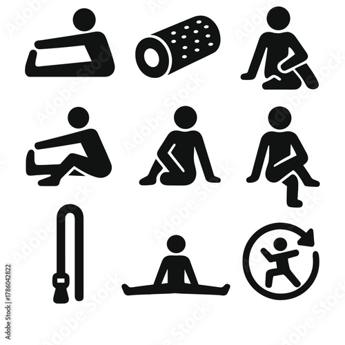 Flexibility Training Icons. Solid style icons of flexibility training: stretching pose, foam roller, hamstring stretch, hip opener