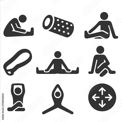 Flexibility Training Icons. Solid style icons of flexibility training: stretching pose, foam roller, hamstring stretch, hip opener