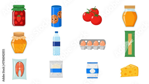 Flat Vector Illustration of Grocery Shopping Essentials. Collection of Various Food Products: Jam, Honey, Cookies, Water, Tomatoes, Eggs, Pasta, Rice, Salmon, and Cheese.