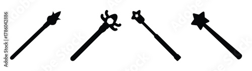 Four magic wands silhouette vector illustration, wizard staff, sorcerer stick, fantasy item, black