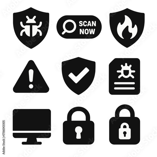Security Tools Icons. Solid style icons of security tools: antivirus icon, scan now button, firewall shield, real-time protection,