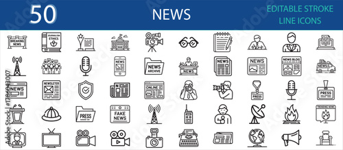 Editable line icon pack of journalism and news media concepts. Includes reporter, microphone, TV, camera, blog, newsletter, newspaper, broadcast, satellite, and press communication tools.