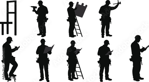 Construction worker silhouettes with hard hats, tool belts, ladder climbing, hammer, drill, clipboard inspection, teamwork, documentation, industrial labor illustration