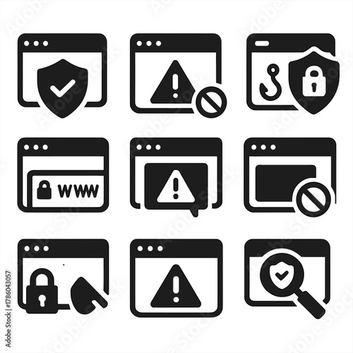 Antivirus Icons Collection. Solid style icons of antivirus for browsing: safe browsing icon, site blocked alert, browser plugin,