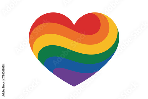 A rainbow-colored heart symbolizing love and pride is displayed against a clean white background.
