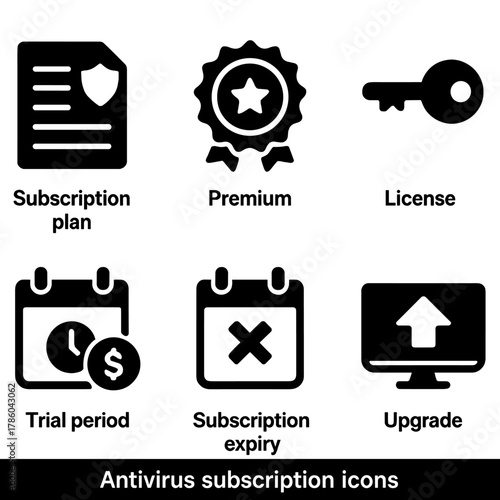 Antivirus Subscription Icons. Solid style icons of antivirus subscriptions: subscription plan icon, premium badge, license key,