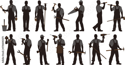 Construction worker silhouettes with tools, hammer, wrench, saw, drill, measuring tape, teamwork, bucket, trades, industrial labor, workforce illustration