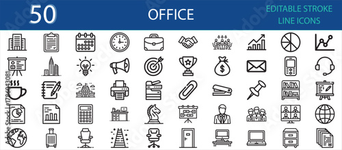 Editable line icon pack of office and workplace elements. Includes buildings, briefcase, calendar, chart, printer, teamwork, meeting, laptop, coffee, idea, and document organization tools.