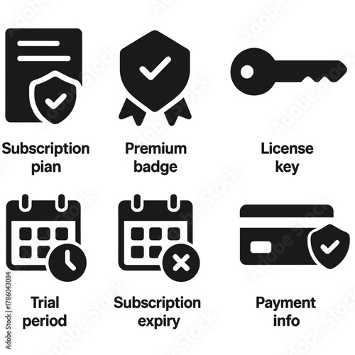 Antivirus Subscription Icons. Solid style icons of antivirus subscriptions: subscription plan icon, premium badge, license key,