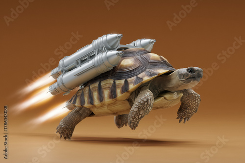 Whimsical turtle soaring with rocket boosters embodies speed and innovation, ideal for business growth metaphors and creative campaigns that need a playful edge