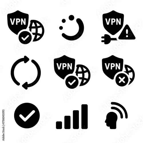 VPN Status Icons. Solid style icons of VPN connection status: connected icon, connecting loader, disconnected alert, reconnect