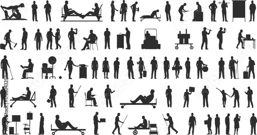 Human activity silhouettes, construction, office, healthcare, teamwork, lifting boxes, pushing carts, medical procedures, ergonomic design, workplace diversity illustration