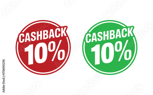 Two round icons display the text "CASHBACK 10%" in white lettering, one on a red background and the other on a green background.