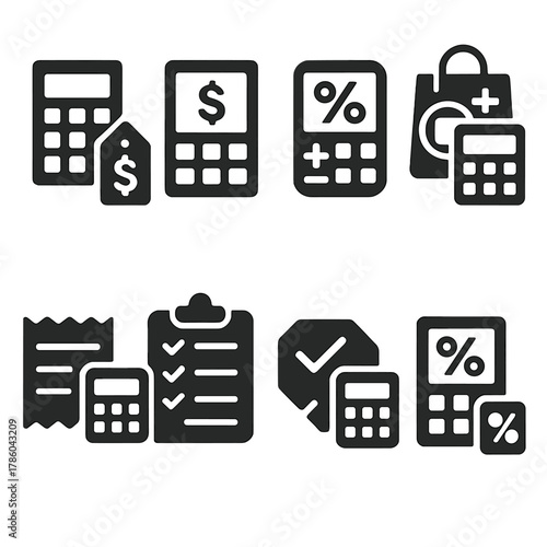 Shopping Calculator Icons. Solid style icons of grocery and shopping calculators: price per unit, total cost icon, discount math,