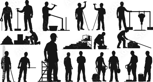 Construction workers silhouettes, building site labor, teamwork, engineering tasks, scaffolding, bricklaying, surveying, hammering, jackhammer, tools, industrial workforce illustration