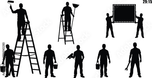 Maintenance workers silhouette, ladder painting, cleaning broom, tool bucket, drill, wrench, teamwork, safety gear, setup illustration, black background design