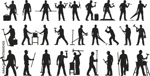 Worker silhouettes with tools, manual labor tasks, hammer, pickaxe, wrench, screwdriver, toolbox, cart, construction, trades, industrial workforce illustration