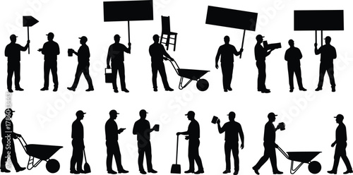 Worker silhouettes protest, construction labor, shovel, wheelbarrow, bucket, chair, placard, teamwork, strike demonstration, manual tasks, industrial workforce illustration