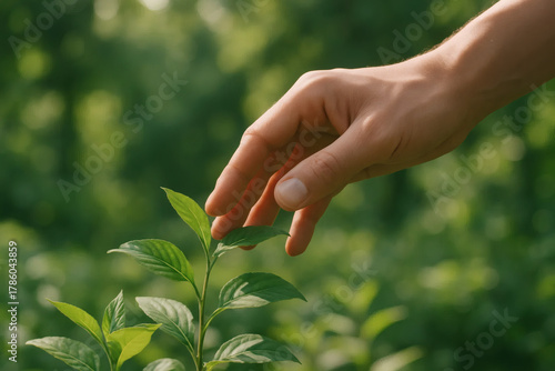 A hand gently touching the leaves of a young plant in a lush green environment, symbolizing care for nature, growth, and environmental sustainability