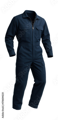 Navy blue flame-resistant coverall with front zipper and multiple utility pockets.