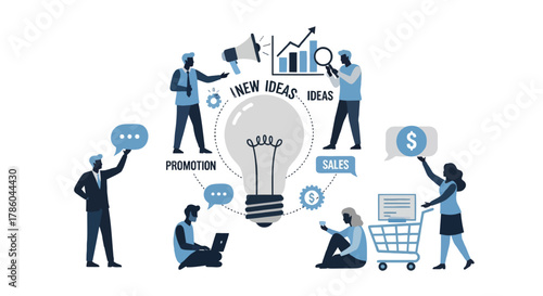 Business team collaborating on new ideas and promotion strategies with a central lightbulb symbolizing innovation and growth