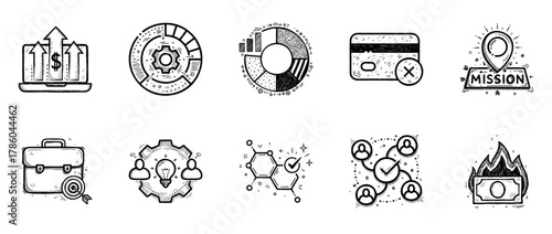 Hand-drawn business and finance icons with charts, credit card, and briefcase