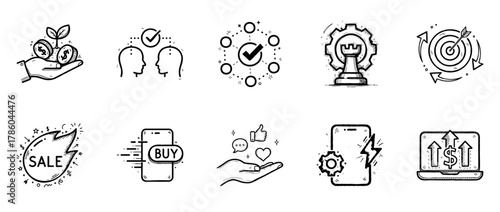 Hand-drawn business icons: strategy, marketing, e-commerce, and technology