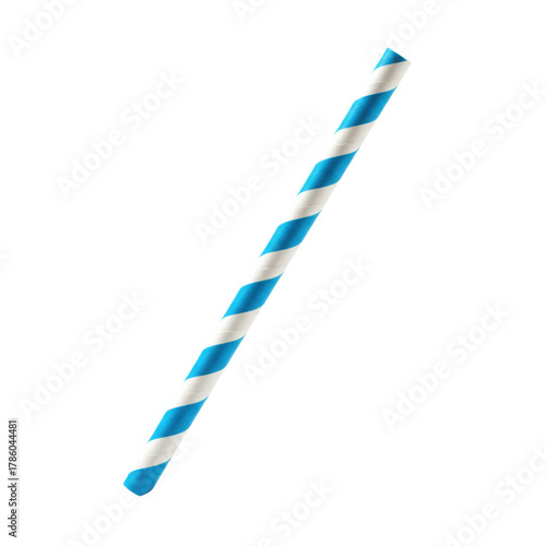 Extreme close-up of a single, blue and white spiral striped paper drinking straw, angled diagonally on a transparent background with high-key lighting, concept for eco-friendly beverage advertising