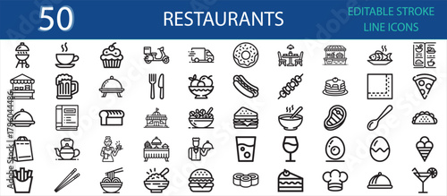 Editable line icons of restaurants and food service. Includes chef, plate, burger, coffee, beer, pizza, sushi, delivery, waiter, salad, cake, and cocktail for cafe or dining businesses.