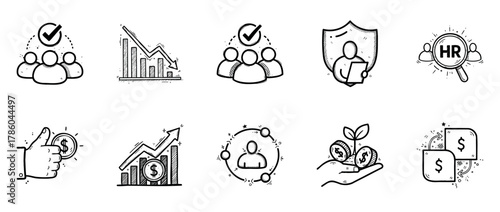 Set of hand-drawn business icons featuring growth, security, and human resources themes