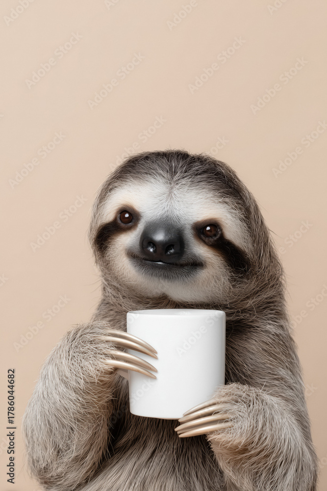 Obraz premium Adorable sloth holding a white mug, looking directly at the camera with a gentle smile, perfect for cozy and relatable content.