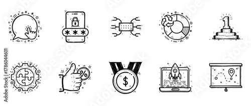 Hand-drawn icons of technology and achievement concept set