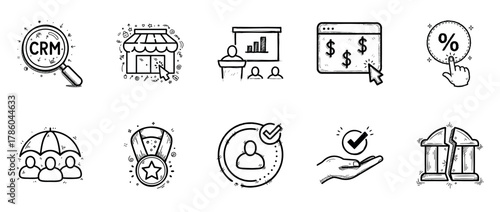 Hand-drawn business icon set featuring crm, online shopping, and finance symbols