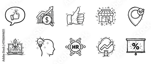 Hand-drawn icons: business growth, feedback, store, geolocation, innovation, hr, analytics