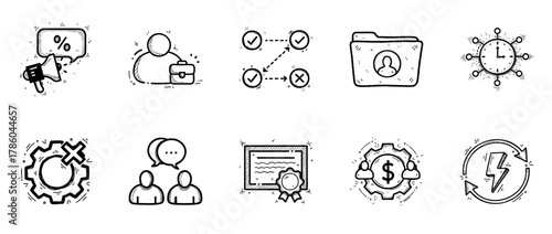 Hand-drawn business icons set: marketing, time management, gender equality, networking