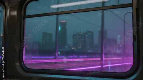 A close-up of a futuristic train window reflecting the cyberpunk city outside