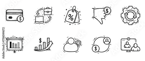 Hand-drawn business icons: finance, marketing, and networking concepts